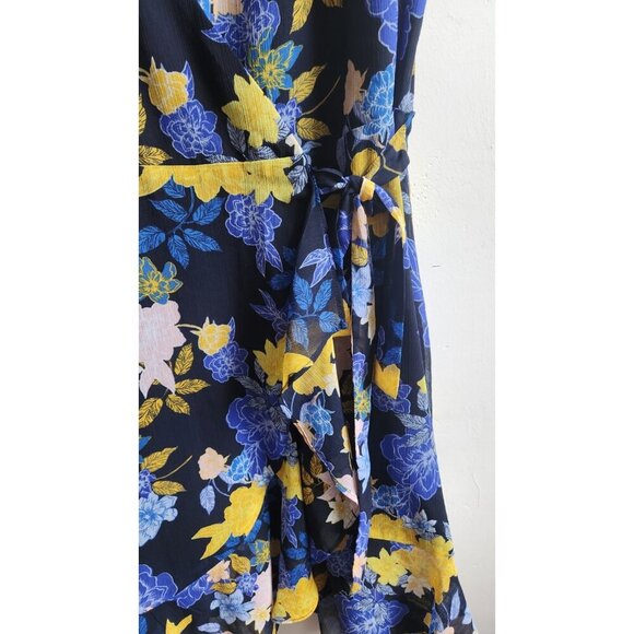 Banana Republic mini dress women's 4 blue yellow floral ruffle wrap V-neck flowy - Picture 5 of 9